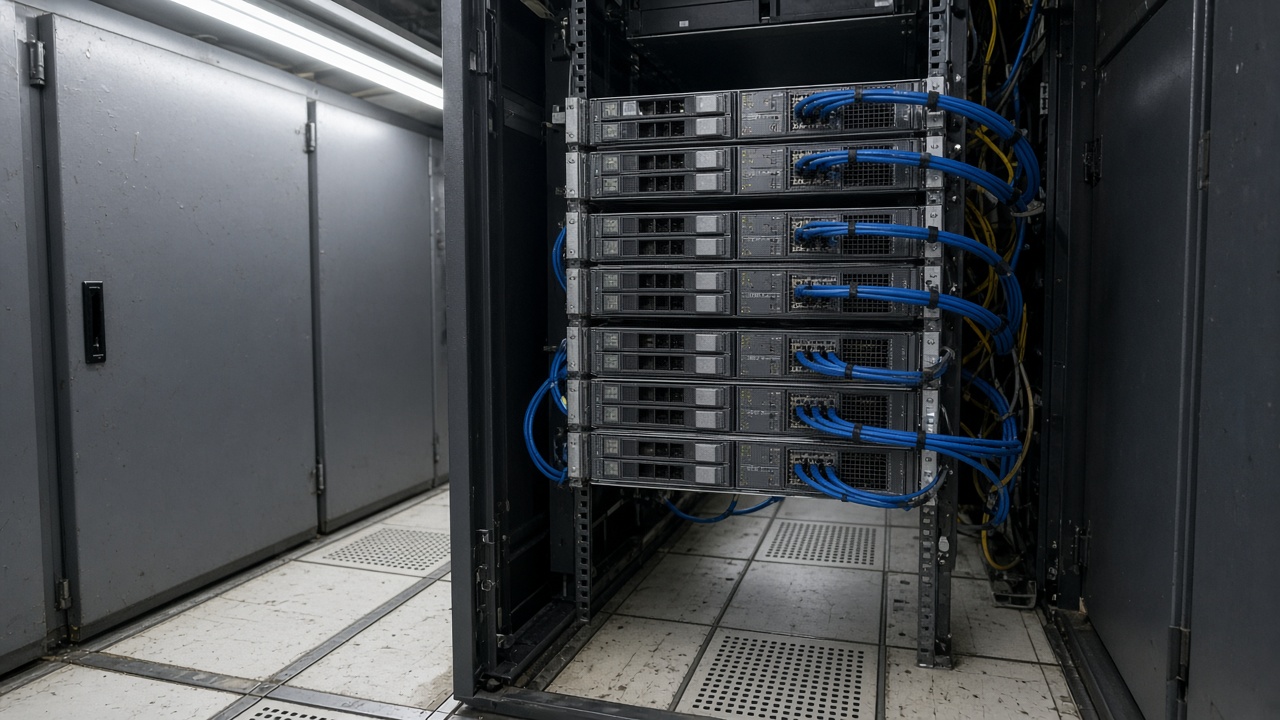 Data-centre cold aisle with open server rack showing CPU trays and blue network cables under fluorescent strip lighting, scuffed raised floor tiles, no logos or readable text