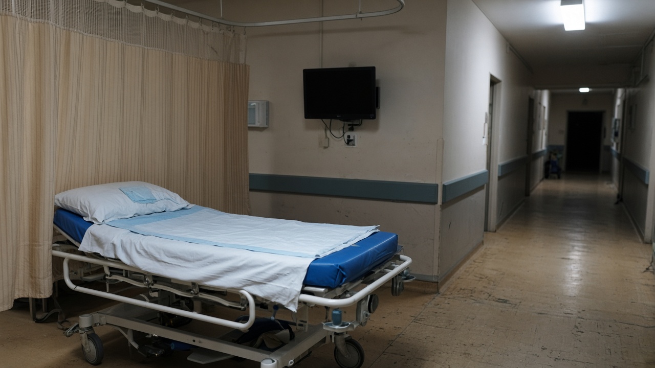 Hospital endoscopy prep bay with gurney, drawn privacy curtain, and dark wall monitor under flat fluorescent corridor light, scuffed beige linoleum and hand sanitizer dispenser without visible branding, no logos or readable text.