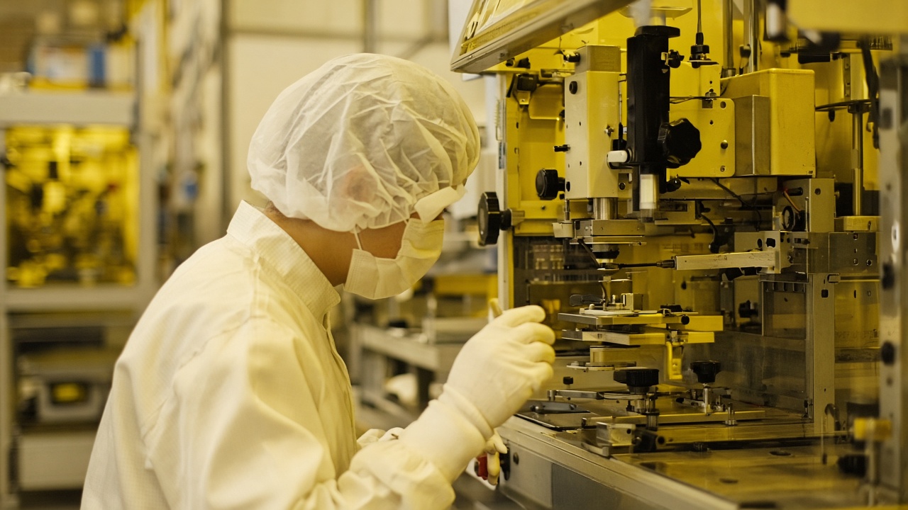 Semiconductor wire-bond packaging floor in a Taiwan factory with yellow lighting, wire-bonder machines and operator smocks, shallow depth of field, no logos or readable text on equipment