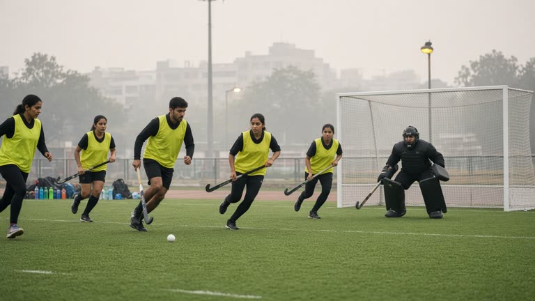Field hockey players in training bibs running a penalty corner drill on a green artificial turf in Bhopal at hazy morning light, goal netting and water bottles on the sideline, no readable jerseys or logos