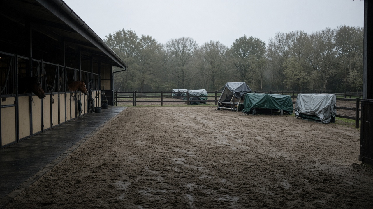 Empty outdoor equestrian arena with sand footing darkened by rain, jumps covered in tarps, stable aisle with horses inside, no rider bibs or readable signage