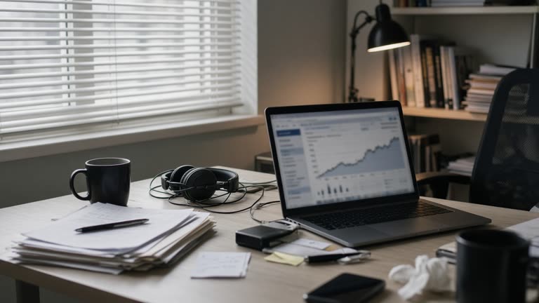 Fluorescent-lit home office, open laptop showing a blurred investment webpage on screen, wired headphones on a cluttered desk, overcast daylight through blinds, no readable text or logos.