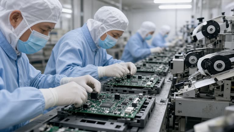 Surface-mount technicians placing small controller chips onto server motherboards on a conveyor line with reel feeders and bright factory lighting in a Taoyuan electronics plant, component markings blurred, no logos or readable text