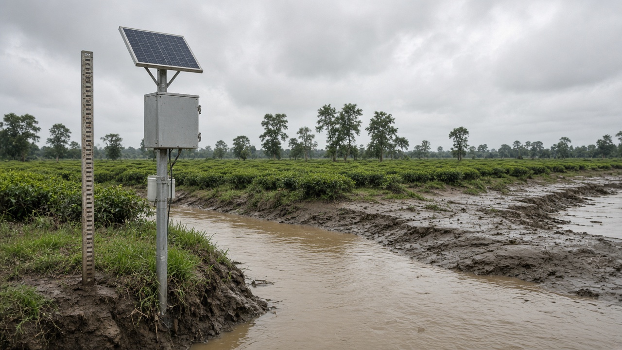 River level gauge pole on a muddy Brahmaputra tributary bank with a solar-powered telemetry box on a steel post, overcast monsoon sky and tea-garden hedges in the distance, no logos or readable text