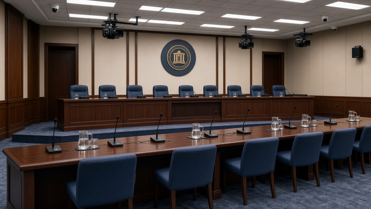 National Assembly committee hearing room with empty witness table, microphones, and blue upholstered chairs under ceiling cameras, no faces or readable nameplates