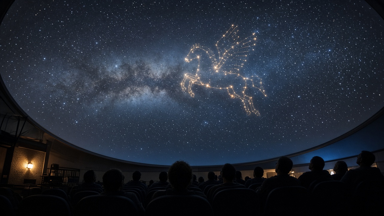 Photoreal view inside a planetarium dome during a Pegasus fulldome show, seated audience silhouettes looking up at projected stars and a winged horse constellation, soft blue and amber projection light, no logos or readable text