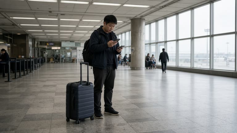 Traveler at a Taiwan airport departure hall holding a gaming smartphone beside a carry-on while checking a mobile settings screen, bright terminal windows and worn floor tiles, no logos or readable text