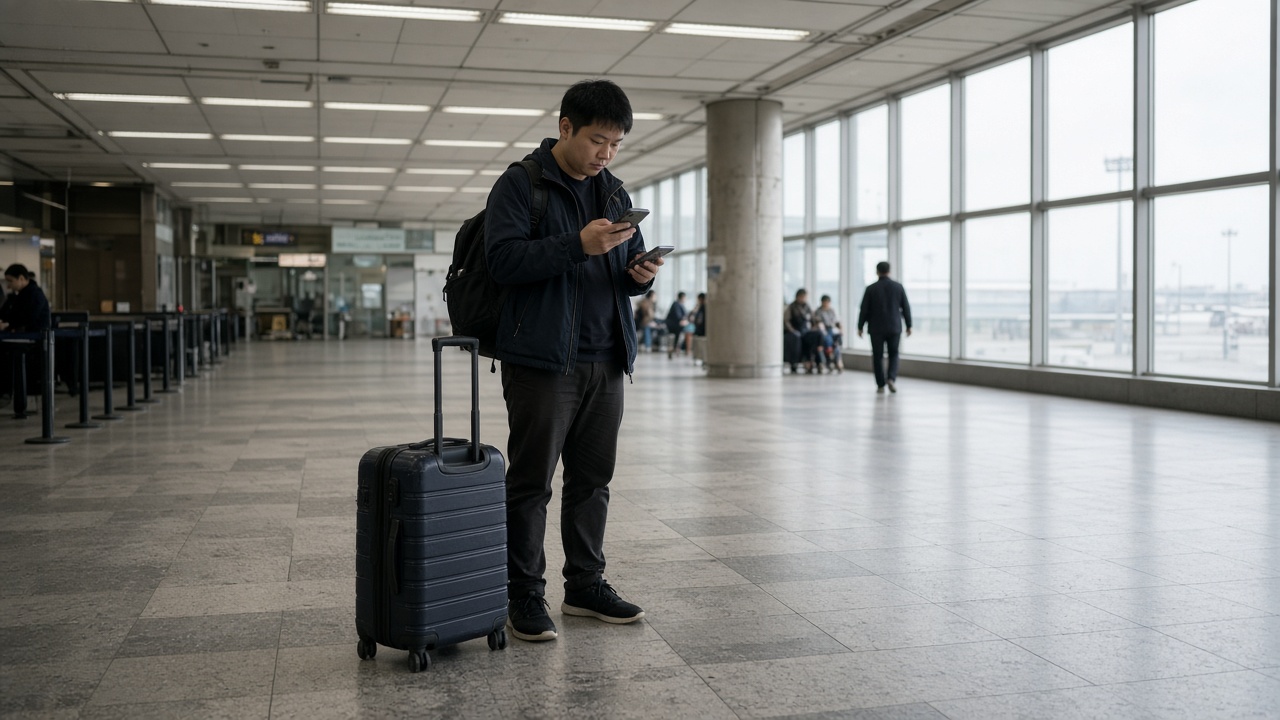 Traveler at a Taiwan airport departure hall holding a gaming smartphone beside a carry-on while checking a mobile settings screen, bright terminal windows and worn floor tiles, no logos or readable text
