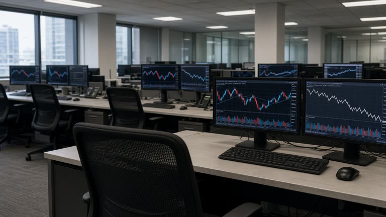 Sydney CBD trading floor with multiple monitors showing equity index charts in cool fluorescent light, empty chairs before the open, documentary wire photo, no logos or readable text