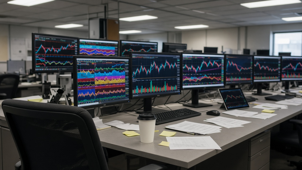 Empty equities trading desk with multiple monitors showing colourful abstract charts, fluorescent office light, coffee cup and scattered notes, no logos or readable text
