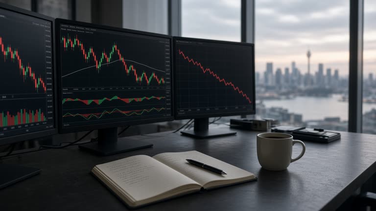 A photoreal close-up of a trading desk at dawn in Sydney, with multiple monitors showing abstract red and green candlestick charts and bond-yield graphs, a notebook and coffee cup nearby, city skyline out of focus, no logos or readable text.