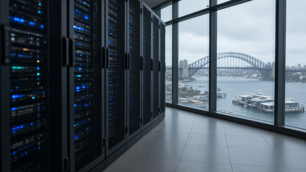 Data centre aisle with blurred server racks and cool blue aisle lighting, floor-to-ceiling glass wall showing overcast Sydney harbour and bridge in soft distance, no logos or readable text