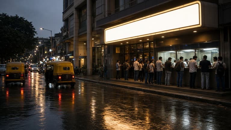 Photorealistic evening exterior of a Mumbai multiplex, queue at the ticket counter, auto rickshaws and wet street reflections, glowing blank marquee, no logos or readable text.