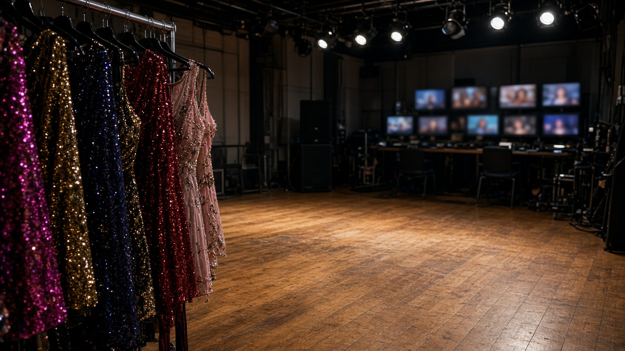 Television studio with a polished wooden dance floor and sequin costumes hanging on a rack at the edge of frame, dim overhead rigs and blurred gallery monitors, no logos or readable text