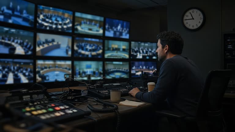 Television news control gallery with multiple blurred monitors showing blue UN chamber tones, a producer at a desk under dim overhead light and a wall clock, coiled cables and coffee cups, no logos or readable text