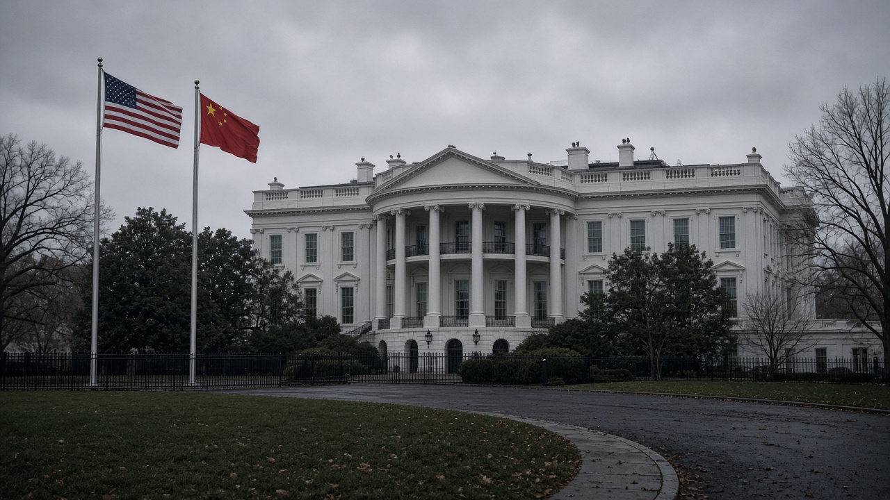 Wide shot of White House north facade with U.S. and Chinese flags on poles, overcast morning, documentary wire photo, slight underexposure, no identifiable faces