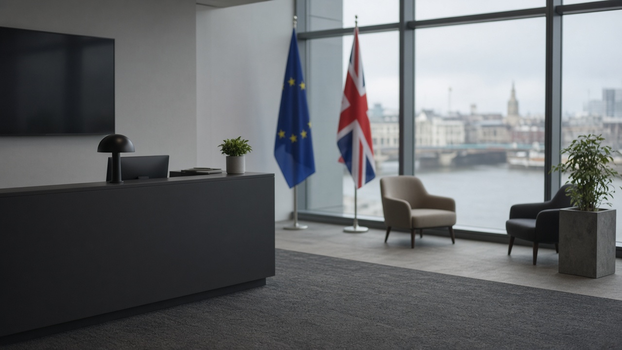 Glass-fronted think-tank office overlooking the Thames on an overcast morning, EU and UK flags blurred in background, empty reception, no logos or readable text