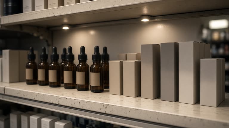 High-street pharmacy skincare shelf with amber glass serum bottles and plain cartons, warm retail spotlights and scuffed laminate shelving, no logos or readable text