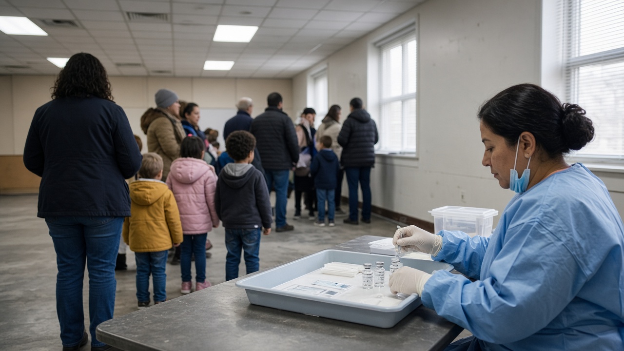 Photoreal scene of a community vaccination pop-up in a bright hall, a nurse preparing an MMR vaccine tray, families waiting in a spaced queue, no logos or readable text.