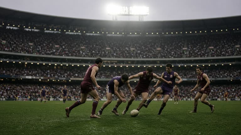 Photoreal wide sports photograph from ground level at the Melbourne Cricket Ground at dusk: a packed stadium of more than 100,000 in the shadowed stands, floodlights flaring above, footballers in maroon and purple jostling for a loose ball on dew-covered grass near the goal square, shallow depth of field, no logos or readable text.