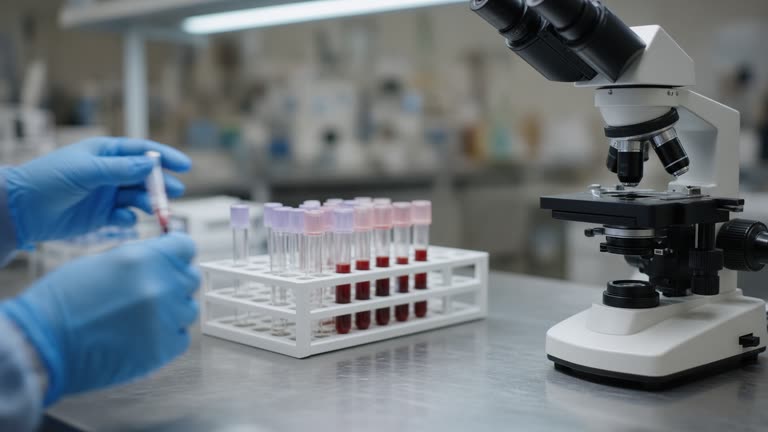 Laboratory bench with blood sample vials and a microscope under cool fluorescent light, researcher hands in blue gloves out of focus, no readable labels