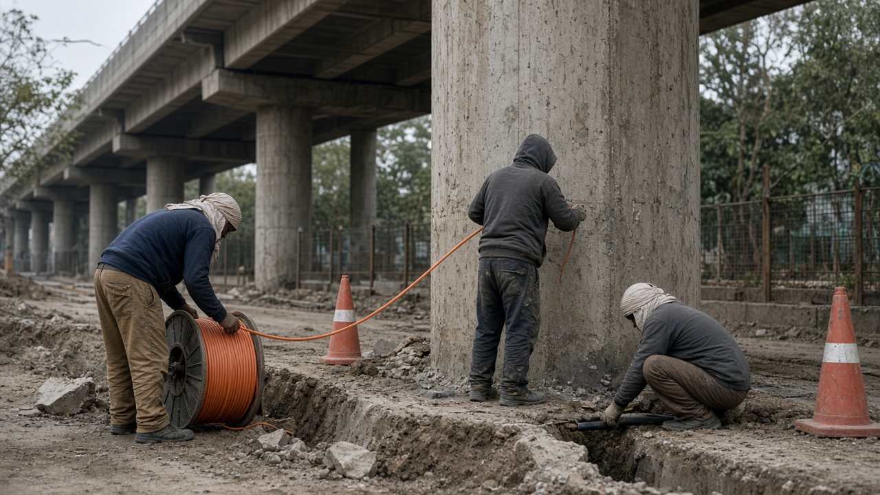 Workers pulling orange fibre cable from a drum beside a concrete metro viaduct pillar in Bengaluru, dusty utility trench and safety cones, overcast daylight, no logos or readable text