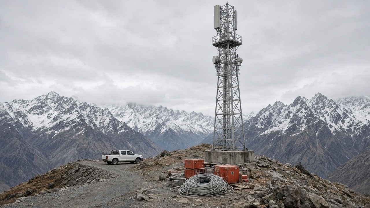 A grey telecom tower on a rocky Ladakh ridge with snow-dusted peaks behind it, orange maintenance crates and coiled fibre cable at the base under flat overcast light, a pickup truck on a gravel service road, no logos or readable text