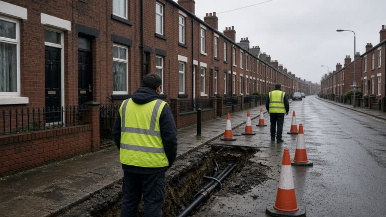 Narrow Manchester terraced street with orange traffic cones around an open pavement trench and fibre ducting, grey rainy sky, wet asphalt and brick row houses, workers in high-vis with backs to camera, no logos or readable text