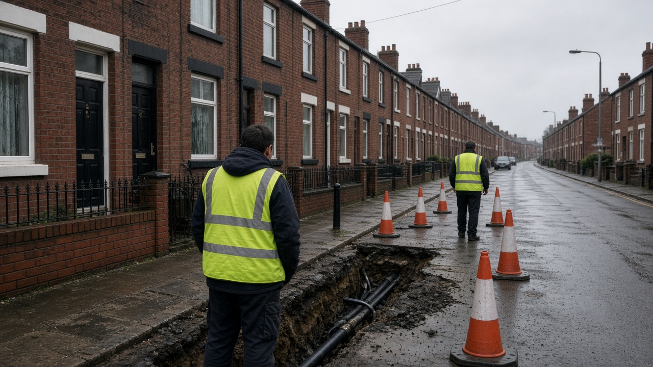 Narrow Manchester terraced street with orange traffic cones around an open pavement trench and fibre ducting, grey rainy sky, wet asphalt and brick row houses, workers in high-vis with backs to camera, no logos or readable text
