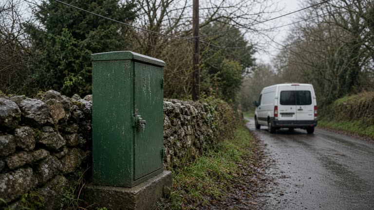 Green roadside telecom cabinet beside a stone wall on a wet Welsh lane with an Openreach-style van parked nearby and overhead phone lines, grey drizzle and muddy verge, no logos or readable text