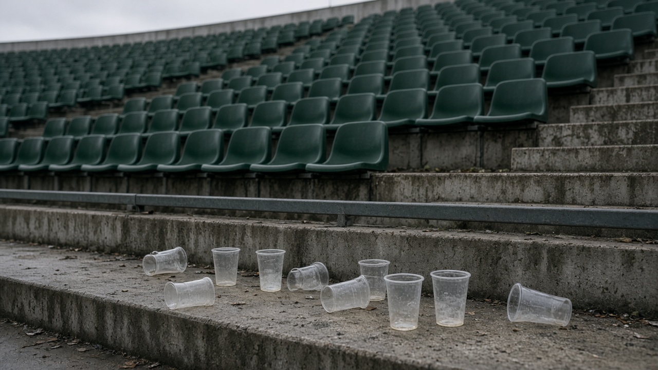 Empty football stadium terrace with green seats and plastic pint cups on a concrete step, overcast afternoon, no faces or readable signage, documentary wire photo