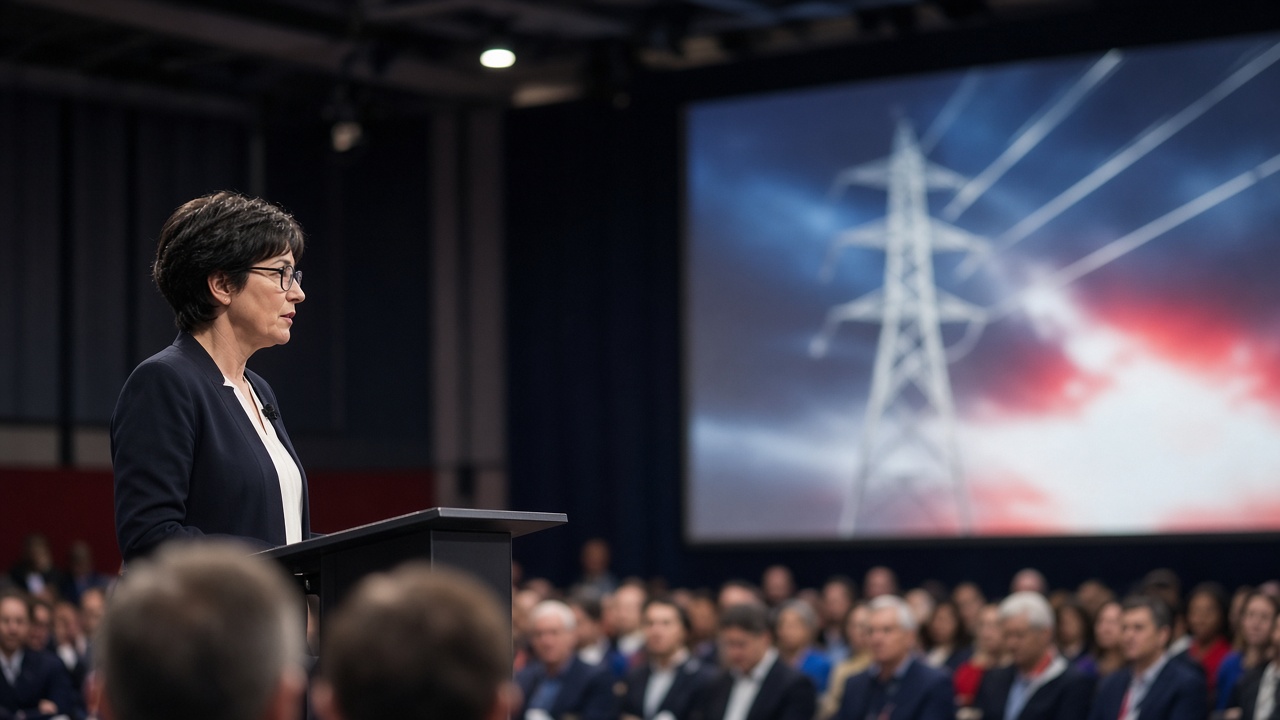 Prime minister at a conference lectern with union jacks and a stylised electricity pylon graphic on the hall screen