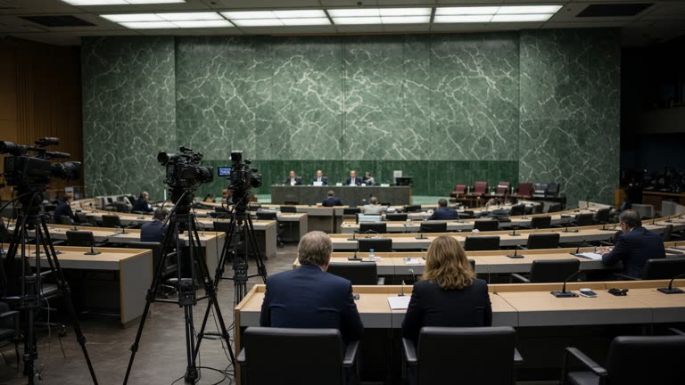 UN General Assembly hall with rows of delegate desks and muted green marble backdrop, British delegation seated mid-aisle, television cameras on tripods in the aisle, overhead fluorescent panels, no readable nameplates or flags