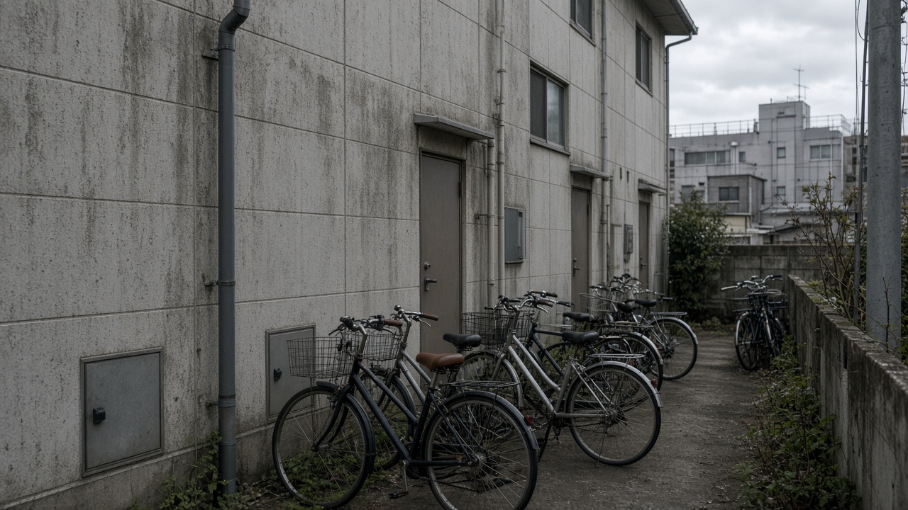Modest apartment building exterior in a Japanese industrial town, bicycles parked outside, overcast afternoon light, no readable signage or logos