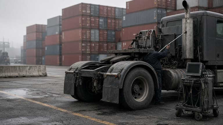 Heavy-duty semi truck queued at a port security lane with shipping containers stacked in background, hazy afternoon light and worn asphalt, emissions inspection wand near exhaust pipe, no logos or readable text