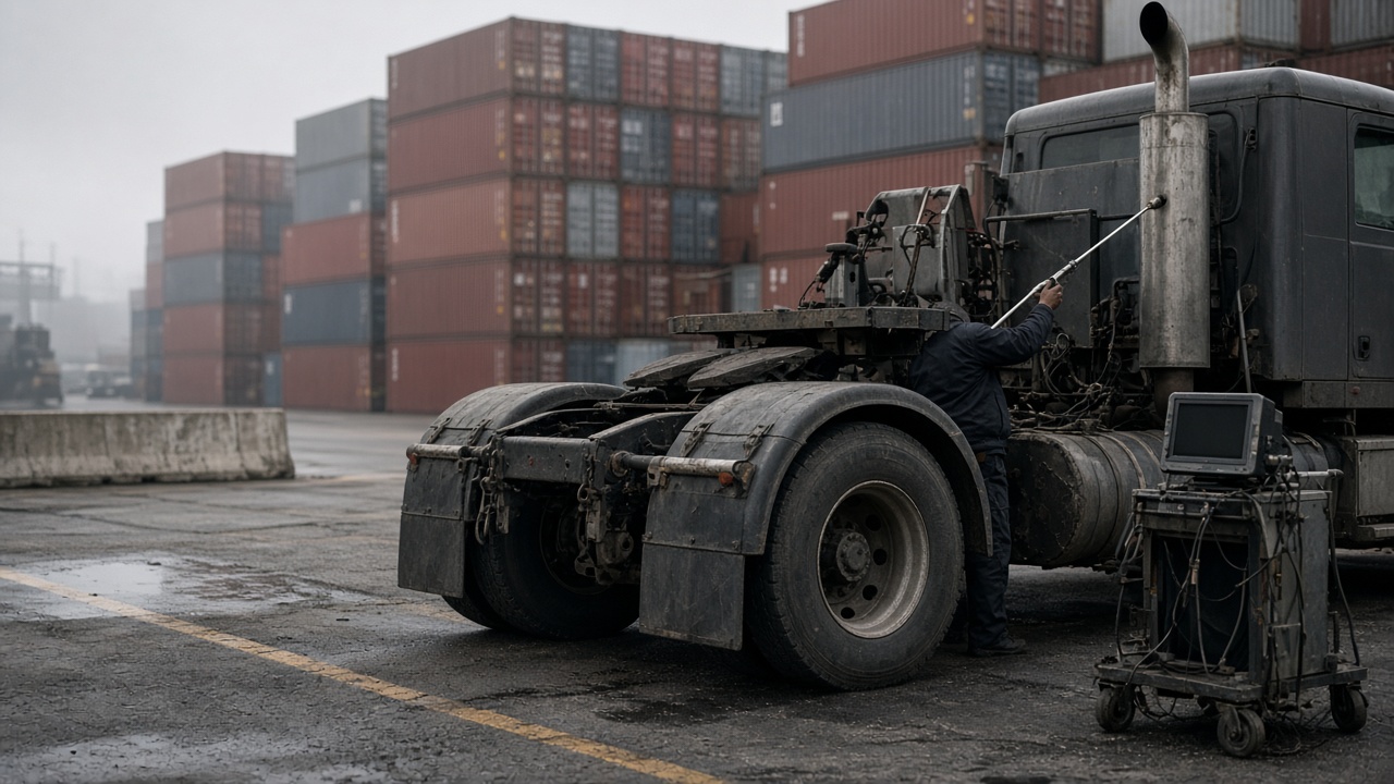Heavy-duty semi truck queued at a port security lane with shipping containers stacked in background, hazy afternoon light and worn asphalt, emissions inspection wand near exhaust pipe, no logos or readable text