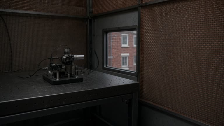 Small quantum sensor device on an anti-vibration lab bench inside a magnetically shielded room with copper mesh panels, dim instrument lights, Cambridge brick visible through a tiny window, no logos or readable text