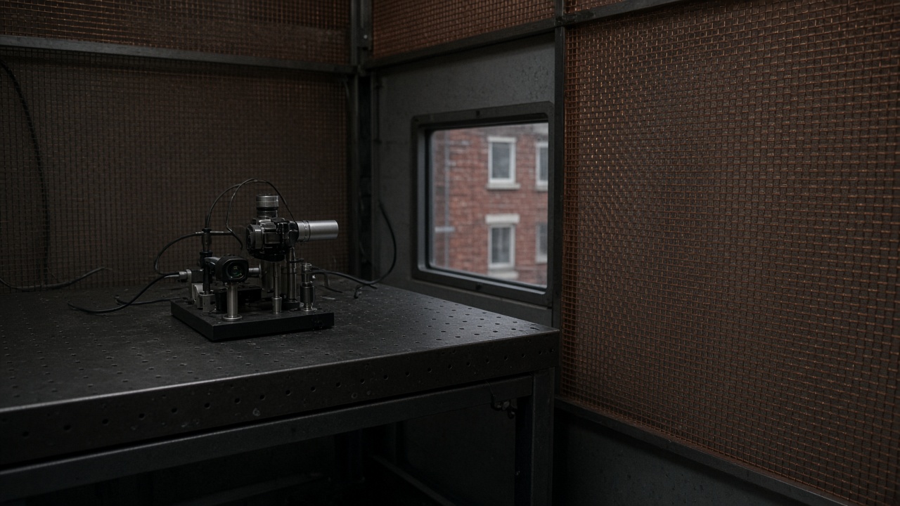 Small quantum sensor device on an anti-vibration lab bench inside a magnetically shielded room with copper mesh panels, dim instrument lights, Cambridge brick visible through a tiny window, no logos or readable text