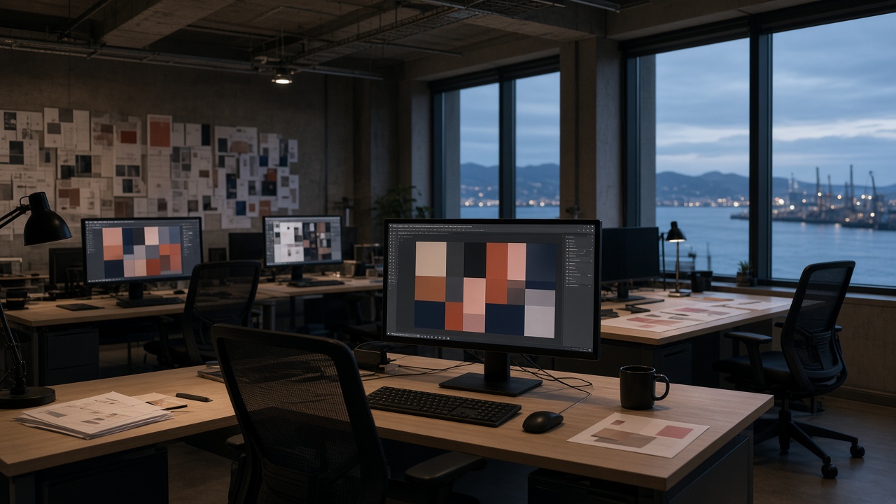 Open-plan design studio with large monitors showing abstract colour layouts, harbour glimpses through windows, evening office light, no logos or readable text