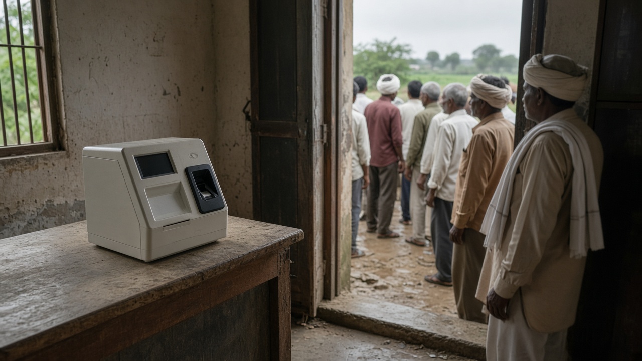 Rural banking kiosk with beige micro-ATM terminal and fingerprint scanner on a wooden counter, farmers waiting in monsoon daylight through open doorway, no logos or readable text