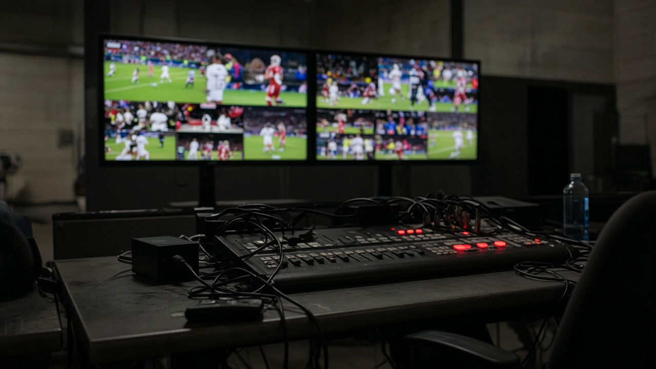 Indoor event production desk with multiview monitors showing colorful game footage blur, dim overhead light, cables and mute buttons, no logos or readable text
