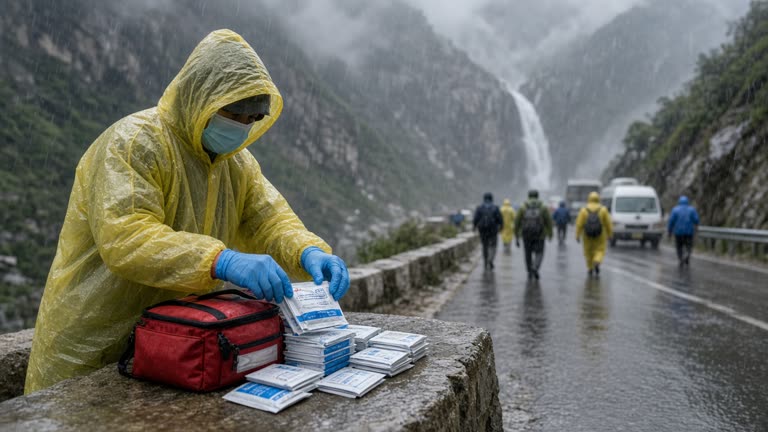 Photoreal scene of a health worker in rain gear arranging oral rehydration salt packets and a first-aid kit beside a barricaded mountain road near Yamunotri, wet pilgrims and parked vehicles blurred in mist, no logos or readable text