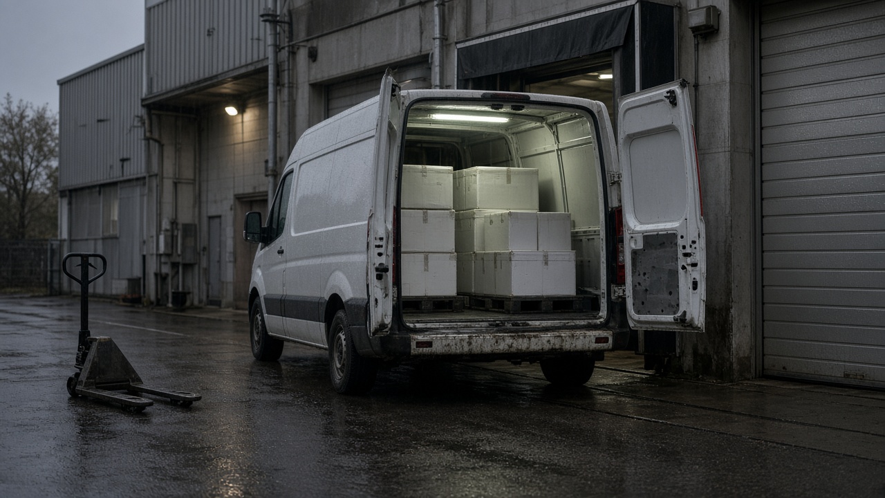 Pharmaceutical cold-chain van backed into a loading dock on a rainy evening, condensation on metal doors, pallet jack nearby, no logos or readable text