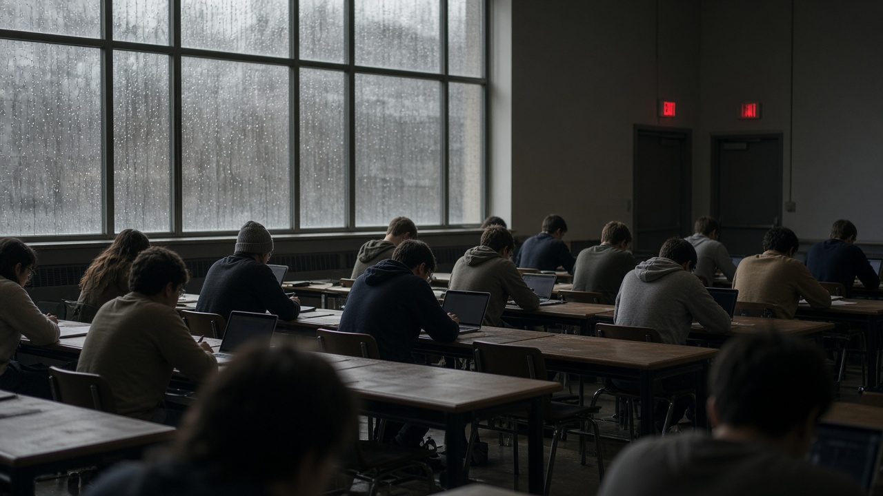 University lecture hall with students at desks near dim emergency exit lights, laptops dark, rain on tall windows, no readable slides or logos