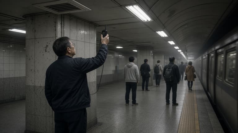 Commuters on a Kaohsiung MRT underground platform with fluorescent tunnel lighting and a technician's handheld signal tester near a ceiling antenna panel, humid air haze and worn tile edges, no logos or readable text