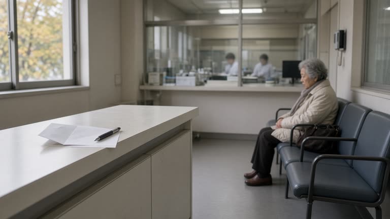 Autumn morning in a small Tokyo ward clinic waiting room: a folded vaccination voucher and a pen on the reception counter, a row of chairs with an older patient seated, a nurse station blurred behind, soft window light, photoreal, no logos or readable text