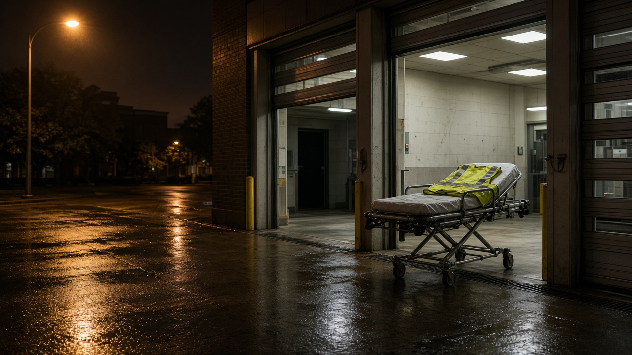 Hospital emergency ambulance bay at night with open bay doors and reflective vests on a gurney, sodium street lighting, wet pavement, no logos or readable text