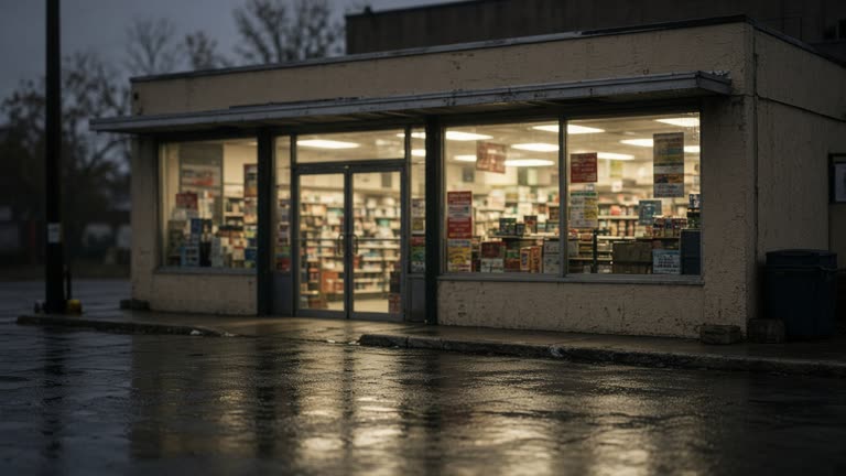 Evening view of a brightly lit neighborhood convenience store storefront with glass doors and promotional posters blurred illegibly, wet pavement reflecting lights, no readable logos or text