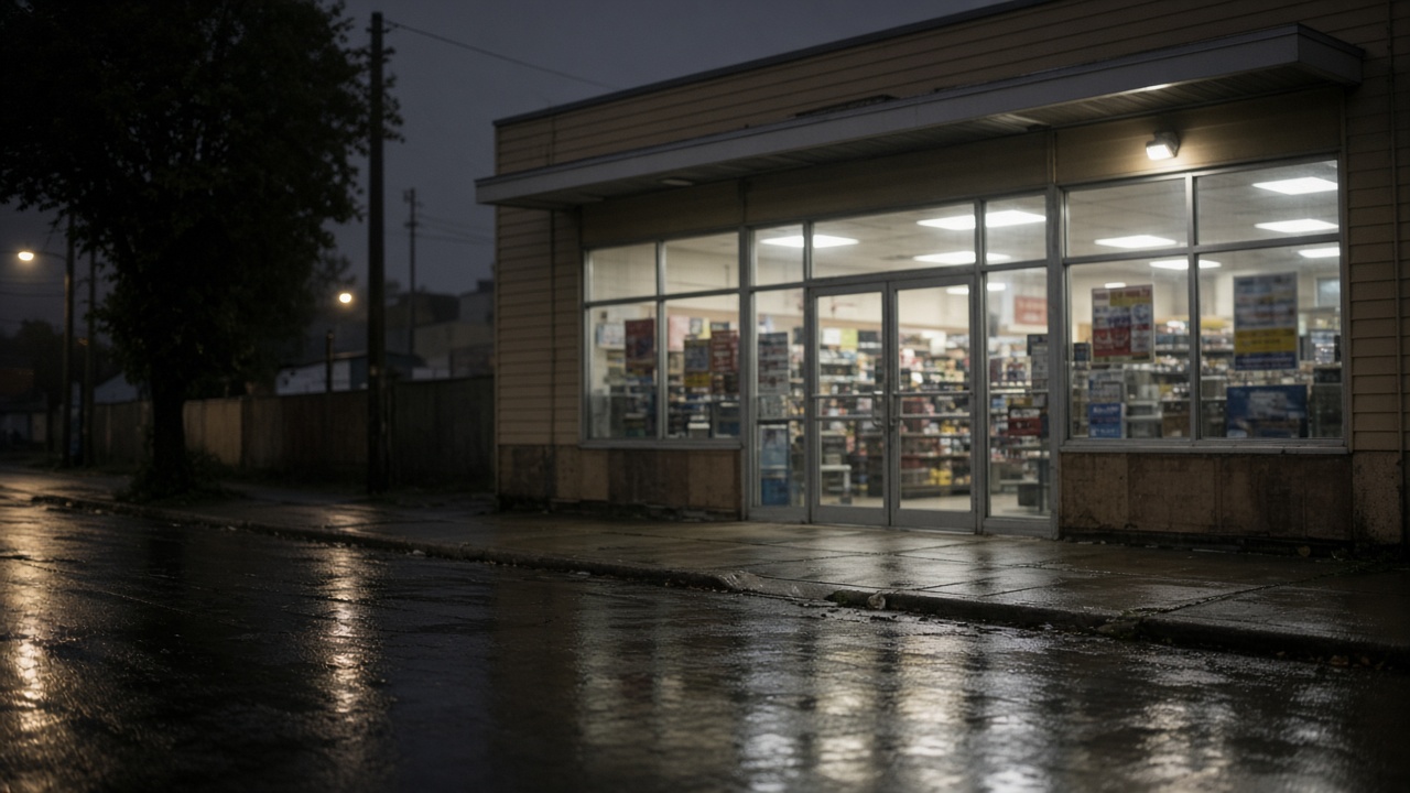 Evening view of a brightly lit neighborhood convenience store storefront with glass doors and promotional posters blurred illegibly, wet pavement reflecting lights, no readable logos or text