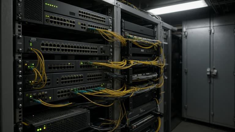 Rack-mounted network appliances and blinking status LEDs in a dim federal data closet, yellow fiber and gray metal doors, fluorescent ceiling light, no logos or readable text